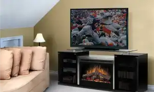 Дизайн гостиной с камином и телевизором. Электрический камин под телевизором.