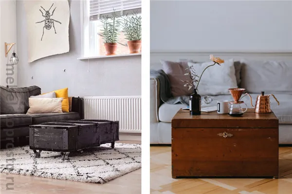 Старый чемодан или сундук в интерьере: журнальный столик