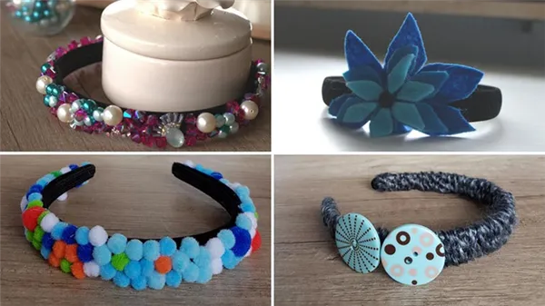 На фото изображено - Ободок для волос своими руками: варианты декора, советы рукодельницам, рис. Варианты декора ободка