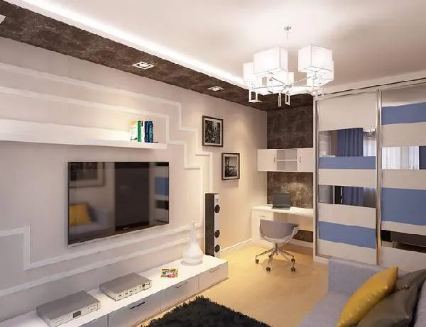 Серо-белая мебель с компьютерным столом