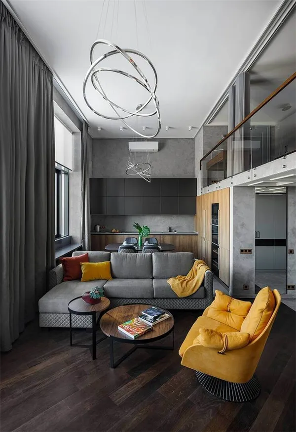 Сочетание черного, серого и желтого в интерьере кухни