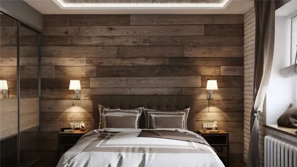 Ламинат на стене над кроватью в невысокой спальне