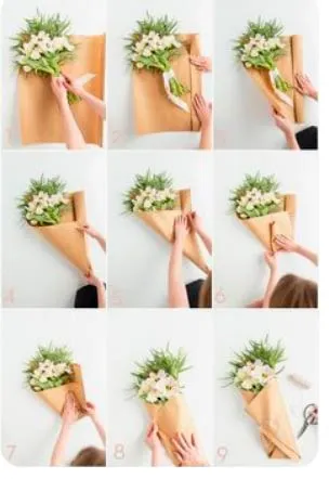 Схема складывания букета в бумагу