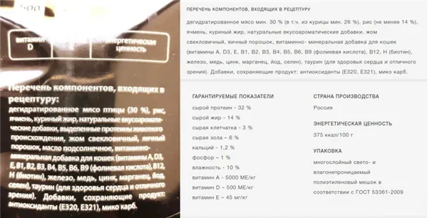 Состав корма для кошек Probalance