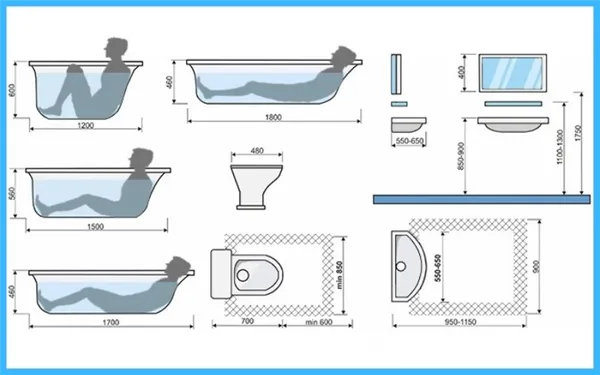 Размеры ванны: стандарты габаритов, типовые, акриловые, чугунные